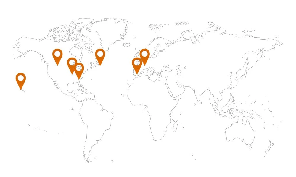 Map showing recent speaking locations across North America and Europe